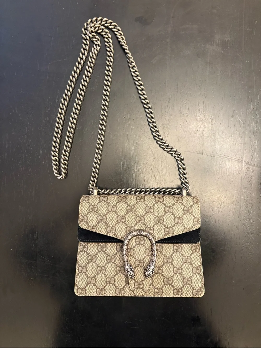 Gucci Dionysus Mini GG Supreme Canvas Shoulder Bag Beige/Ebony Black Suede